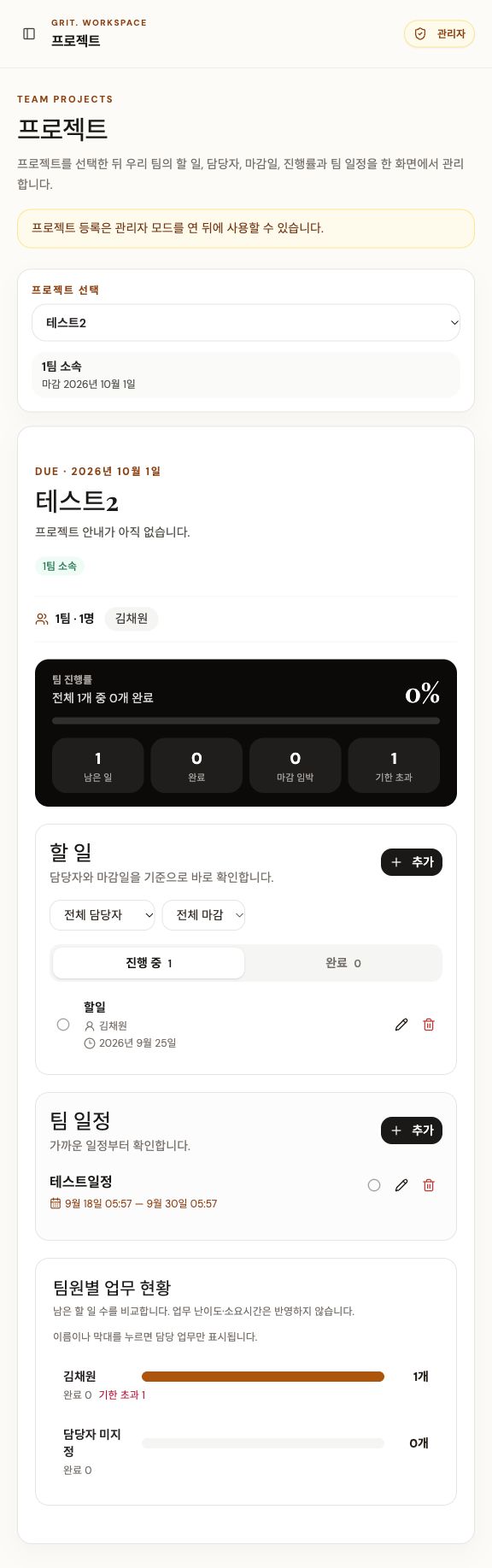 Real GRIT team projects and task management screen